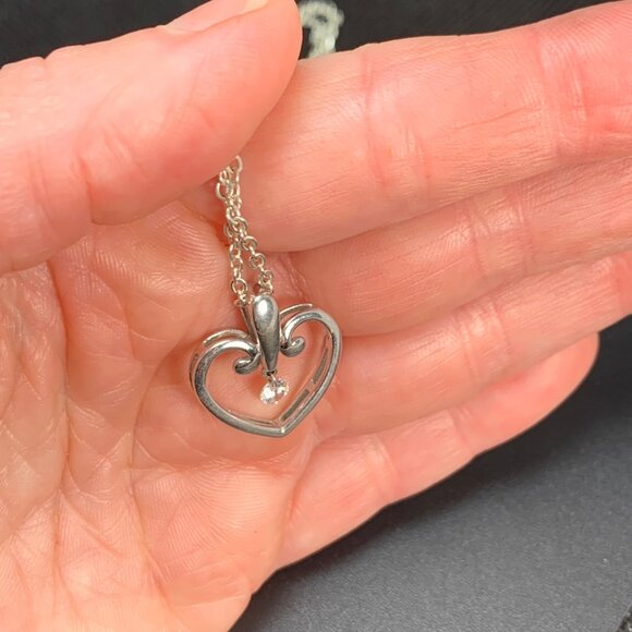VTG Solid Sterling Silver 925 Cubic Zirconia Heart Pendant Necklace Size 18'' - Picture 6 of 11